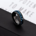 Mens black rotatable chain ring with blue Cuban link inlay and gear edge design - US 6 / Blue
