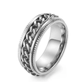Macro shot of rotatable stainless steel ring with Cuban link chain and gear edges - Silver