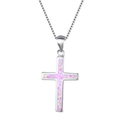 Elegante silberne Kreuzkette mit schillerndem lila Feueropal-Anhänger für Damen - Rosa