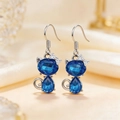 Blue crystal cat earrings in silver-tone finish with zircon accents for women - Earrings / Blue