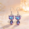 Silver cat earrings featuring purple blue gradient heart crystals and bow details - Earrings / Pink Purple