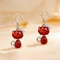 Charming red cat-shaped drop earrings with heart crystal accents and silver plating - Earrings / Red