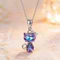 Cat crystal necklace featuring purple to blue gradient stones and silver finish - Necklace / Pink Purple