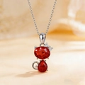 Exquisite red heart-shaped crystal cat pendant necklace with silver bow accessory - Necklace / Red