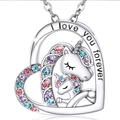 Detail of silver unicorn heart pendant with colorful stones and I love you forever engraving - Heart Unicorn Mother Child Necklace (Silver)