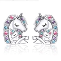 Unicorn stud earrings with colorful heart crystals and silver finish for women - Unicorn Mother Child Stud Earrings