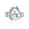 Detailed macro view of silver unicorn mother and child ring with colorful crystals - Unicorn Mother Child Open Ring