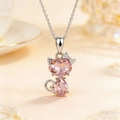 Pink heart-shaped crystal cat pendant necklace with silver chain for women - Necklace / Pink