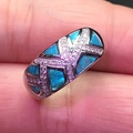 Elegant wide geometric silver ring with blue opal stone and micro-pave zircons for women - US 5 / Silver