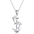 Silver anchor and opal dolphin pendant necklace for women with maritime theme design - White