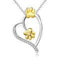 Collar con colgante de corazón plateado con huellas doradas y detalles de cristales - Corazón Huella de Pata Plata y Oro