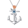 Collier ancre et croix avec fleur en or rose et zircon bleu sur chaîne argent - Bleu