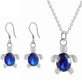 Silver turtle jewelry set with dark blue crystals including necklace and drop earrings - Blue