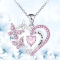 Silver heart necklace with pink butterflies and I love you engraving pendant - Pink Necklace
