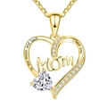 Detail of gold heart pendant necklace with MOM letters and clear crystal stones - Gold with White Zircon