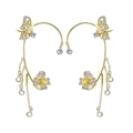 Golden butterfly and flower tassel ear cuff with sparkling rhinestones for non-pierced ears - Gold Symmetrical Styles