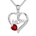 Macro detail of MOM heart necklace showing red gemstone and engraved love message - Silver + Red Rhinestone