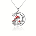 Fashionable S925 silver crescent moon necklace with red enamel mushrooms and stars - Silver Necklace