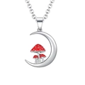 Silver crescent moon necklace with red fairy mushroom pendant on white background - Necklace