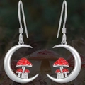 Silver crescent moon and mushroom drop earrings with red enamel detailing for women - Earrings