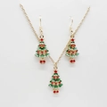 Detail of Christmas tree jewelry set with green and white enamel on golden necklace and earrings - Rhinestone Encrusted Christmas Tree