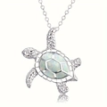 Silver turtle pendant necklace with white opal shell and detailed nautical animal design - Chain Only / White