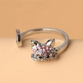 Cute cat-shaped open ring for women with colorful rhinestones and silver-colored metal finish - Ring / Pink