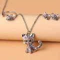 Cute cartoon cat jewelry set with colorful rhinestones including necklace, ring and earrings - Necklace Earrings And Ring Set / Pink