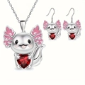 Cartoon axolotl jewelry set with necklace and earrings holding a red heart gemstone - Set / Silver Axolotl Red Heart Necklace Earrings Set