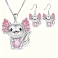 Detailed close-up of cartoon axolotl jewelry set with pink heart-shaped crystal - Set / Silver Axolotl Pink Heart Necklace Earrings Set