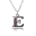 Silver-tone necklace with letter E pendant, beaded texture, and pink rhinestones - Letter E