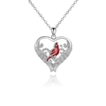 Detail of silver heart pendant with red cardinal, angel wings and zircon accents - Necklace