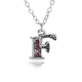 Vintage silver letter F necklace pendant with purple rhinestones and silver chain - Letter F