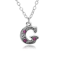 Silver-toned letter G necklace pendant with three pink rhinestones and textured finish - Letter G