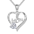 Silver MOM heart pendant necklace with MOM letters and moon engraving variant - Silver + White Zirconia