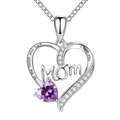 Silver mom heart necklace with purple gemstone and moon back engraving for gift - Silver + Purple Rhinestone