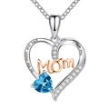 Silver heart necklace with rose gold Mom text and deep blue gemstone variant - Two-tone + Blue Zircon