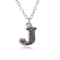 Silver letter J necklace pendant with pink rhinestones and vintage dot texture finish - Letter J