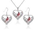 Silver heart cardinal jewelry set with red enamel bird necklace and earrings - Necklace And Earrings