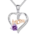 Silver and rose gold Mom heart necklace with purple gemstone and love engraving - Two-tone + Purple Zircon
