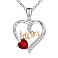 Silver MOM heart pendant necklace with rose gold accents and a red gemstone heart - Two-tone + Red Zircon