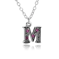 Silver letter M pendant necklace with vibrant magenta rhinestones and bead textures - Letter M