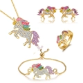 Colorful unicorn jewelry set with crystal necklace earrings ring and bracelet - Gold 4-Piece Set