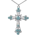 Zilveren kruisketting met opengewerkte patronen, lichtblauwe strass en opalen - Ketting / Blauw