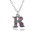Silver letter R pendant necklace with vintage texture and pink rhinestones - Letter R
