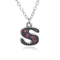 Letter S silver necklace with vintage texture and pink rhinestones on white background - Letter S