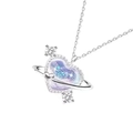 Elegant silver heart necklace with purple opal stone and cosmic saturn ring detail - Pink