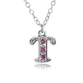 Silver-toned letter T pendant necklace with pink rhinestones and a delicate link chain - Letter T
