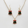 Christmas jewelry set featuring gold-tone bell pendants with green enamel and red bows - Golden Christmas Bell with Bow
