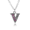 Silver letter V necklace pendant with pink crystals on a delicate cable chain - Letter V